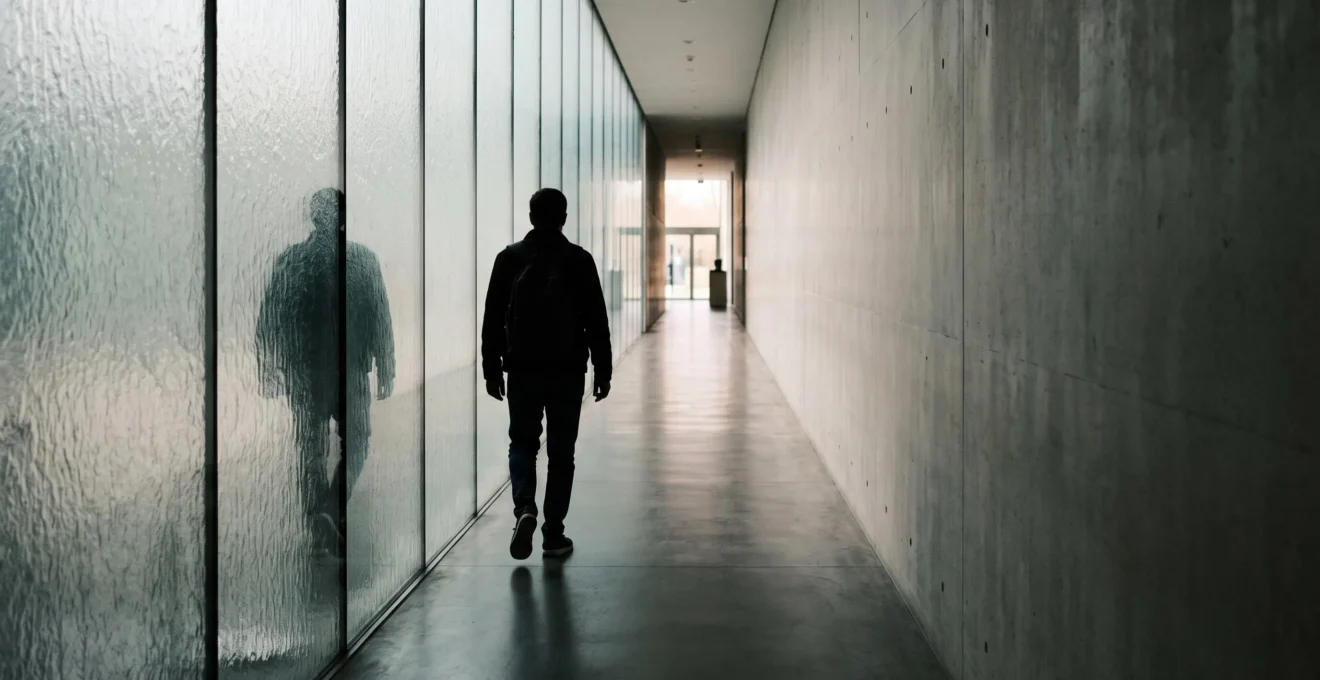 Silhouette humaine traversant un couloir de miroirs légèrement déformés, symbolisant les biais cognitifs invisibles qui faussent la perception et la décision