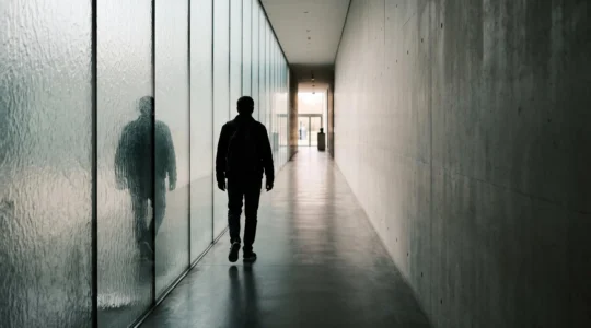 Silhouette humaine traversant un couloir de miroirs légèrement déformés, symbolisant les biais cognitifs invisibles qui faussent la perception et la décision