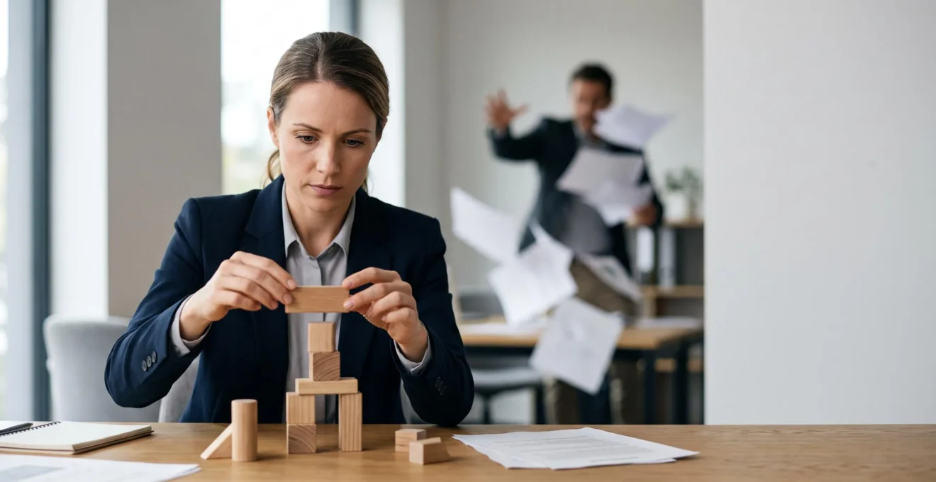 Silhouette professionnelle organisant méticuleusement des éléments abstraits sur un bureau épuré, symbolisant la rigueur au travail