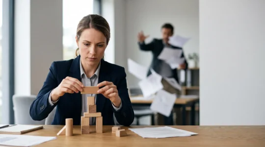Silhouette professionnelle organisant méticuleusement des éléments abstraits sur un bureau épuré, symbolisant la rigueur au travail