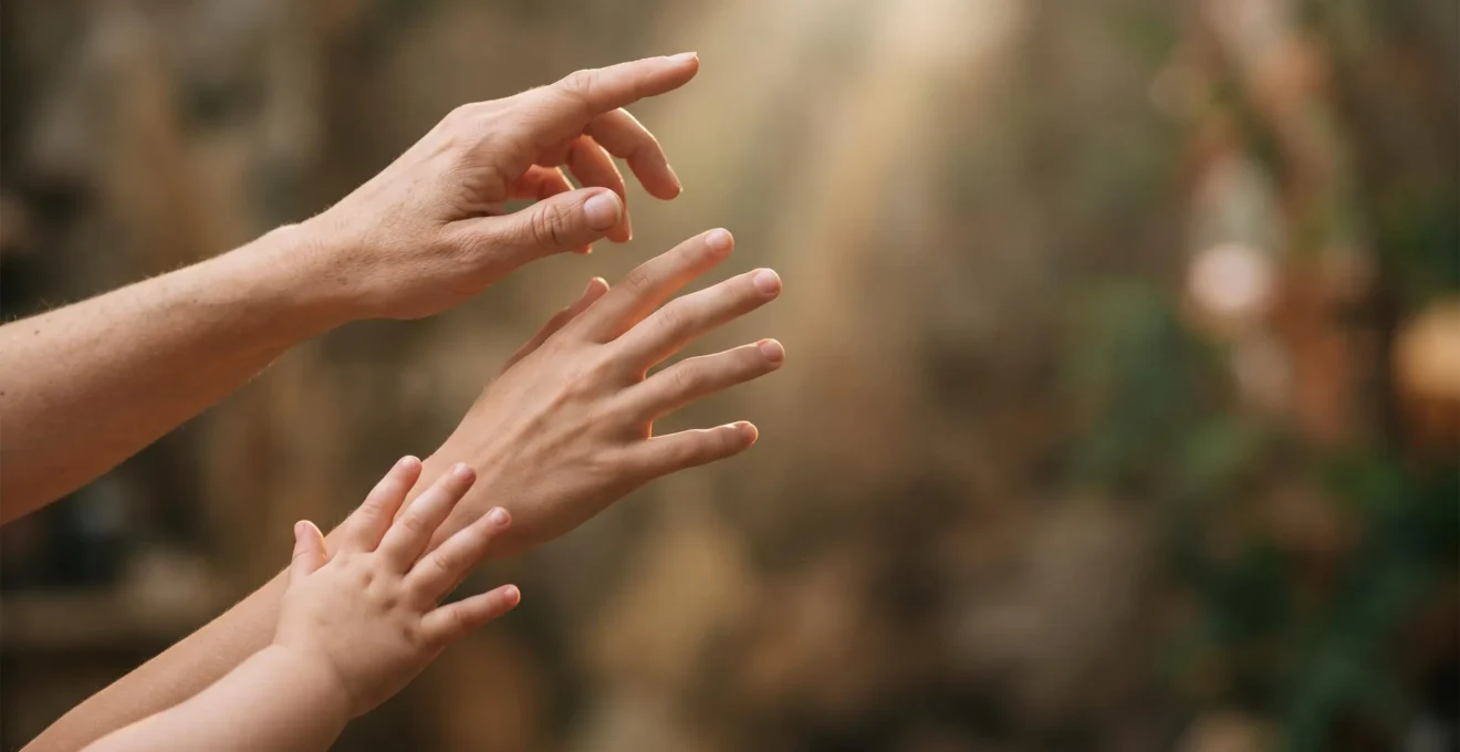 Trois mains d'âges différents, un enfant, un adolescent et un adulte, tendues vers une même lumière douce, symbole de la construction continue de la perception de soi