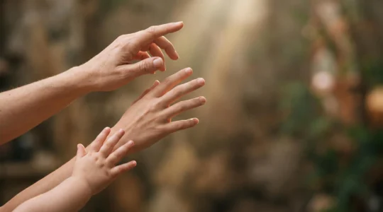 Trois mains d'âges différents, un enfant, un adolescent et un adulte, tendues vers une même lumière douce, symbole de la construction continue de la perception de soi