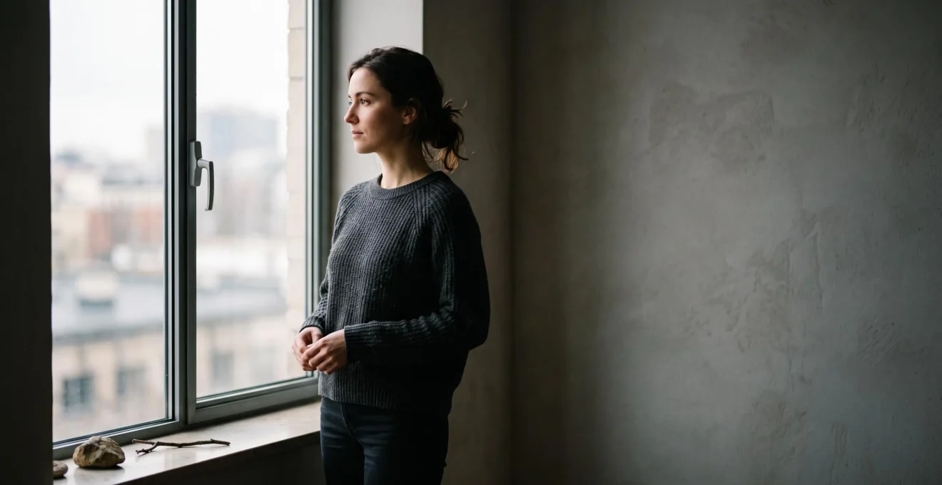 Portrait éditorial symbolique illustrant la dualité entre calme apparent et intensité émotionnelle intérieure chez une personne anxieuse
