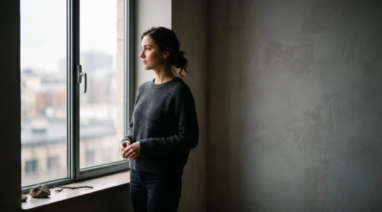 Portrait éditorial symbolique illustrant la dualité entre calme apparent et intensité émotionnelle intérieure chez une personne anxieuse