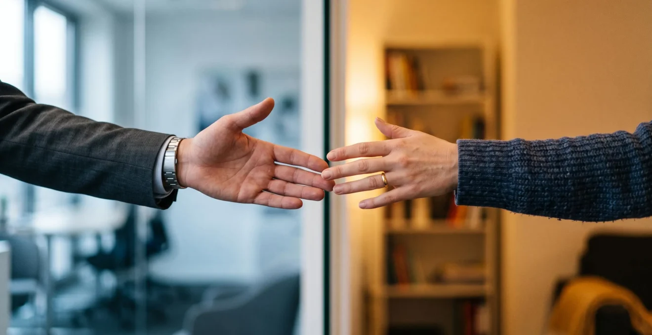 Deux mains se rejoignant symboliquement, illustrant l'équilibre entre intelligence émotionnelle au travail et dans les relations personnelles