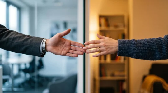 Deux mains se rejoignant symboliquement, illustrant l'équilibre entre intelligence émotionnelle au travail et dans les relations personnelles