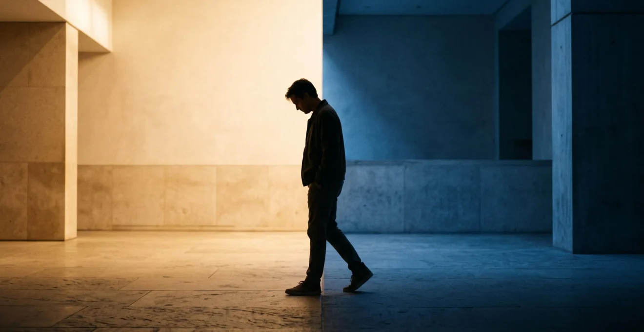 Silhouette d'une personne se tenant à la frontière entre deux ambiances lumineuses opposées, symbolisant le conflit intérieur entre deux idées contradictoires