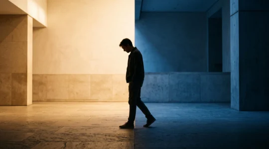 Silhouette d'une personne se tenant à la frontière entre deux ambiances lumineuses opposées, symbolisant le conflit intérieur entre deux idées contradictoires