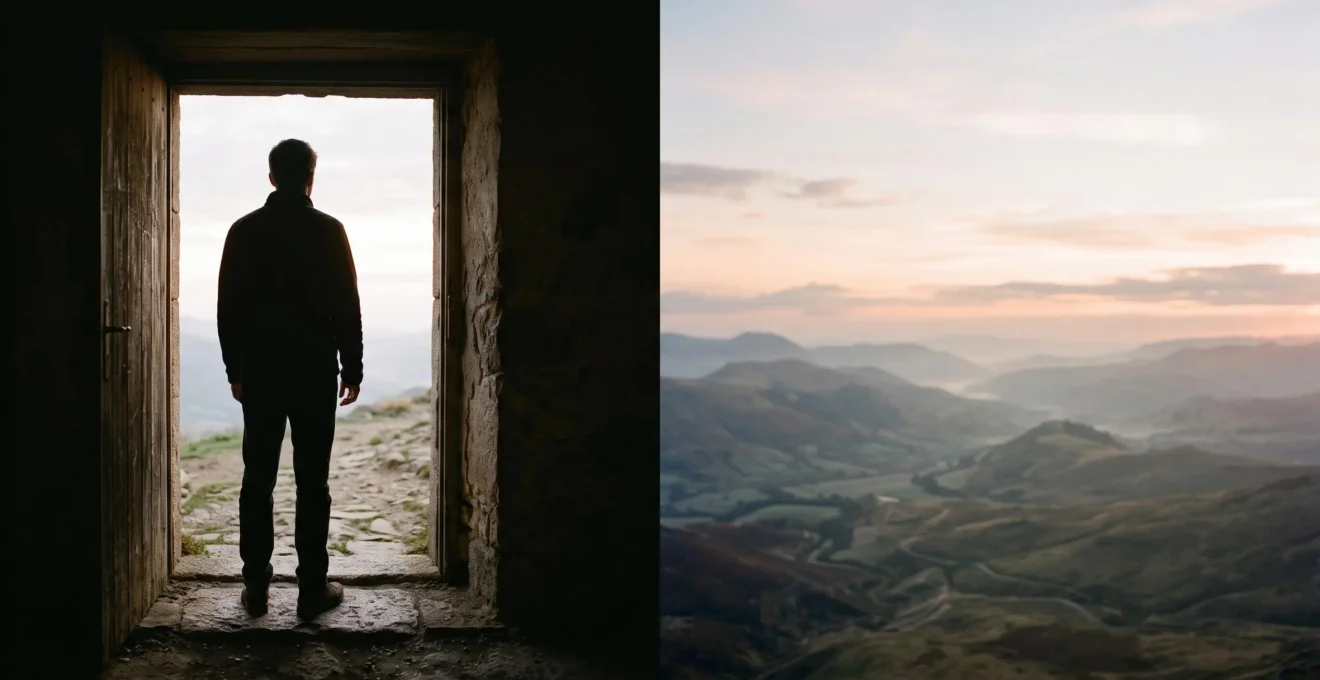 Silhouette humaine se tenant sur le seuil entre une pièce sombre et une lumière ouverte, symbolisant le passage du malaise psychologique vers le changement
