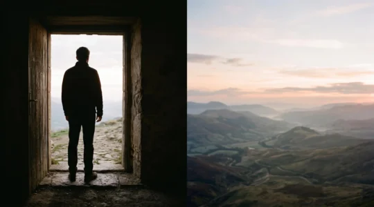 Silhouette humaine se tenant sur le seuil entre une pièce sombre et une lumière ouverte, symbolisant le passage du malaise psychologique vers le changement