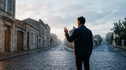 Silhouette d'une personne à un carrefour symbolique, entre lumière et ombre, illustrant les mécanismes mentaux cachés qui influencent les décisions quotidiennes