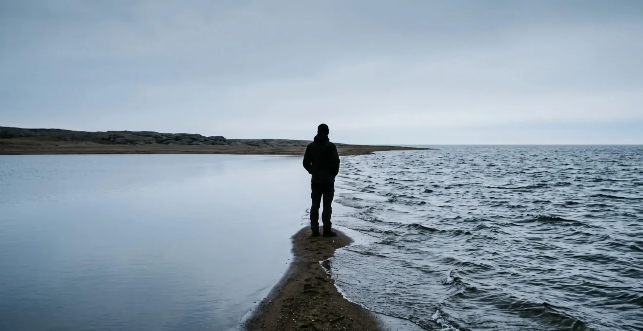 Silhouette d'une personne se tenant a la frontiere entre une eau calme et une eau agitee, symbolisant la limite entre instabilite emotionnelle ordinaire et trouble borderline.