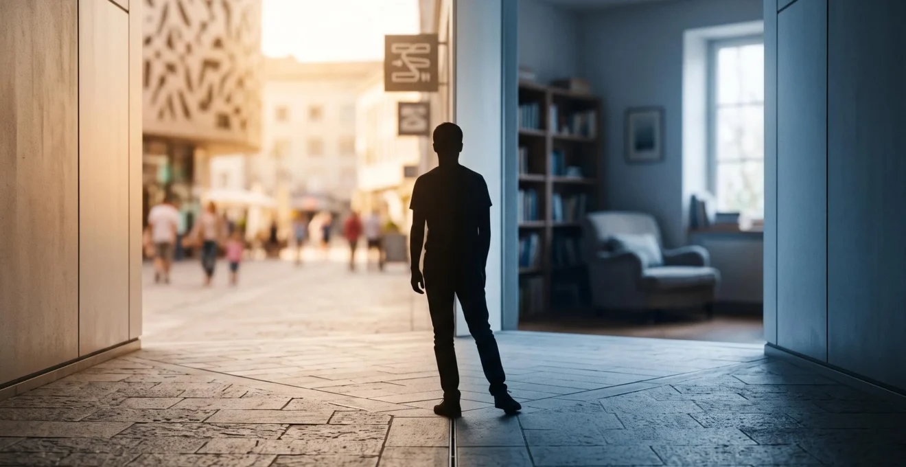 Silhouette se tenant a la croisee de deux chemins lumineux, symbolisant le spectre entre introversion et extraversion
