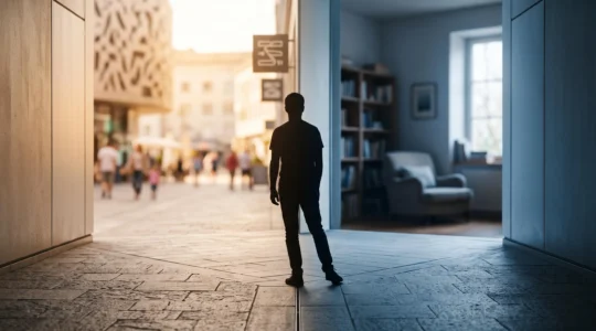 Silhouette se tenant a la croisee de deux chemins lumineux, symbolisant le spectre entre introversion et extraversion