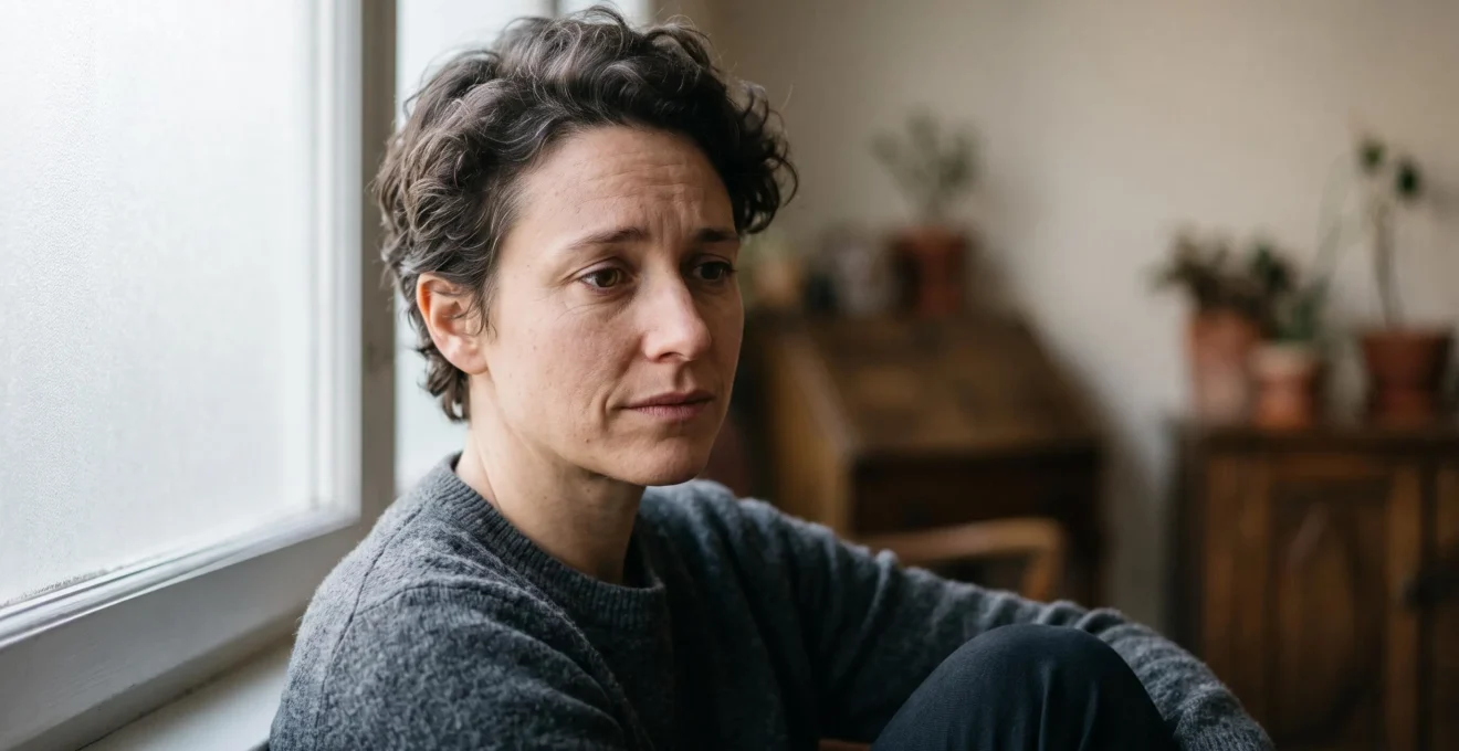 Portrait d'une personne dont le visage est partagé entre lumière douce et ombre, symbolisant les variations naturelles de l'humeur au fil d'une journée