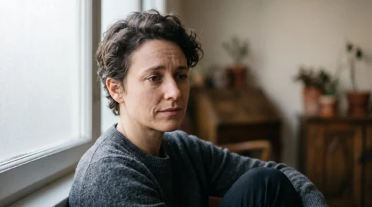 Portrait d'une personne dont le visage est partagé entre lumière douce et ombre, symbolisant les variations naturelles de l'humeur au fil d'une journée