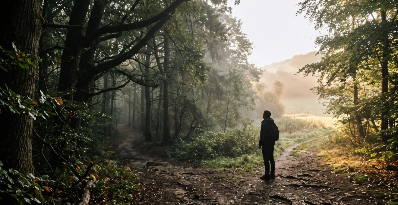 Silhouette d'une personne debout à un carrefour de chemins dans une forêt baignée de lumière matinale, symbolisant le choix entre plusieurs valeurs de vie