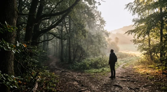 Silhouette d'une personne debout à un carrefour de chemins dans une forêt baignée de lumière matinale, symbolisant le choix entre plusieurs valeurs de vie