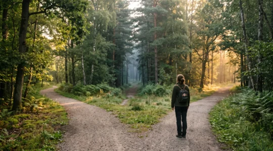Une silhouette se tenant face à plusieurs chemins qui se séparent dans une lumière douce, symbolisant le choix entre différentes prises en charge en santé mentale