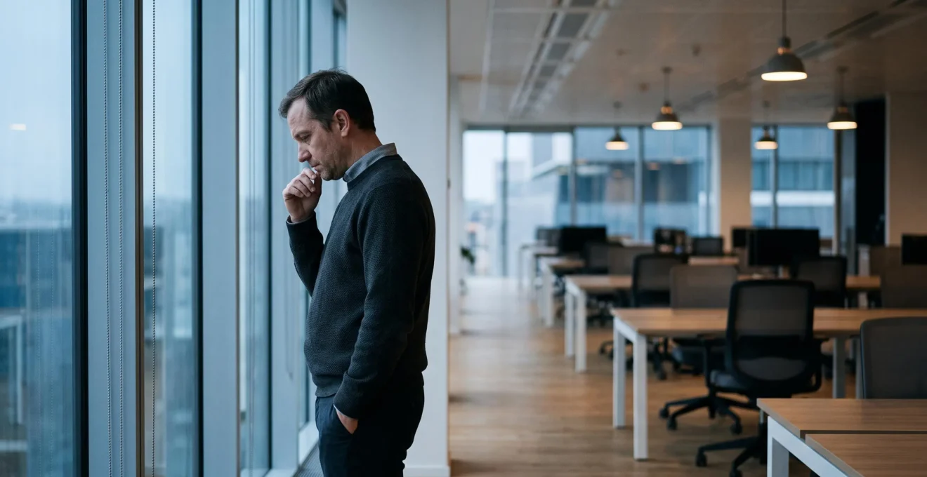 Silhouette d'un salarié pensif dans un bureau vide et lumineux, symbolisant l'impact des conditions de travail sur la santé mentale