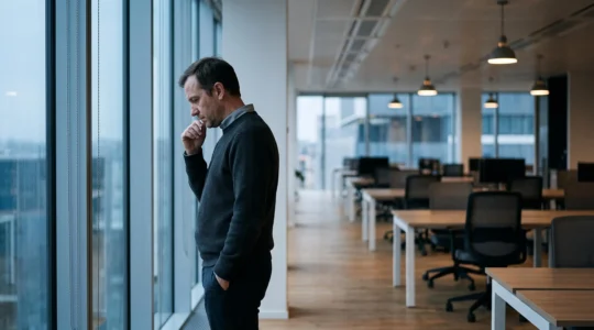 Silhouette d'un salarié pensif dans un bureau vide et lumineux, symbolisant l'impact des conditions de travail sur la santé mentale