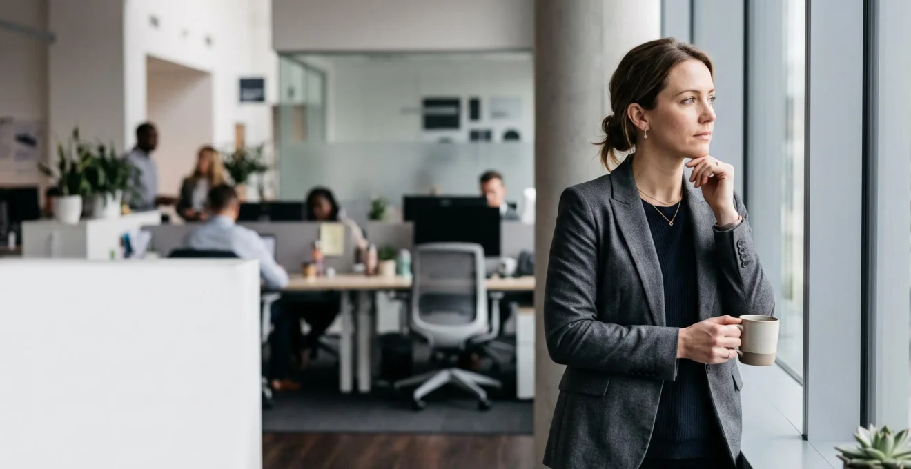 Salarié pensif dans un bureau lumineux, symbolisant l'influence du contexte organisationnel sur le bien-être et la performance