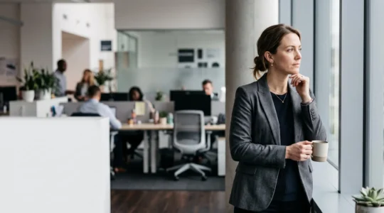 Salarié pensif dans un bureau lumineux, symbolisant l'influence du contexte organisationnel sur le bien-être et la performance
