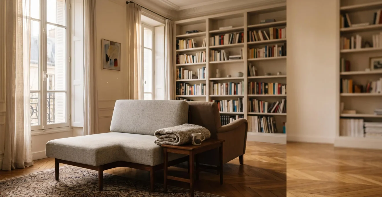 Vue éditoriale symbolisant la durée et la régularité d'une cure analytique, avec un divan et un fauteuil vides baignés de lumière naturelle