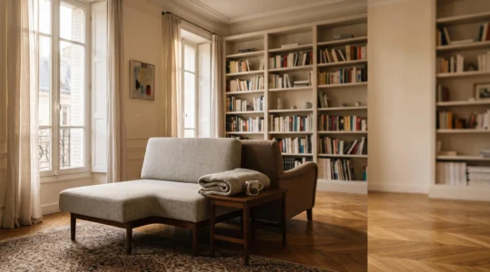 Vue éditoriale symbolisant la durée et la régularité d'une cure analytique, avec un divan et un fauteuil vides baignés de lumière naturelle