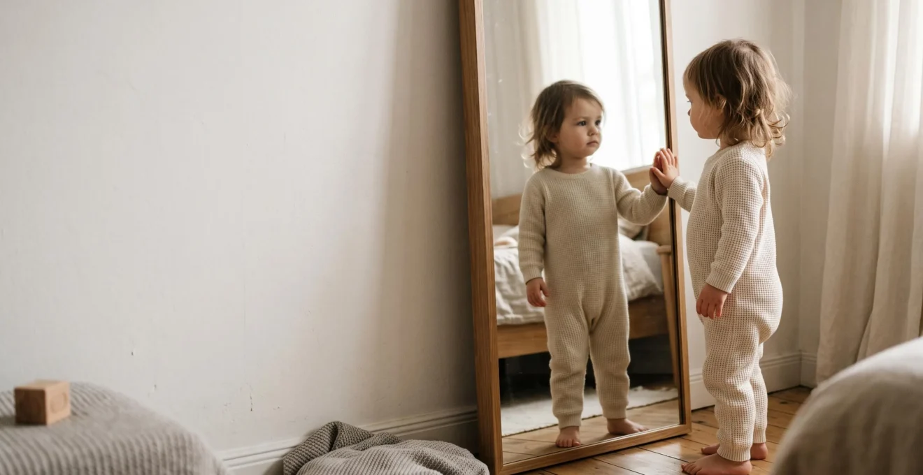 Jeune enfant regardant attentivement son reflet dans un miroir, symbole de l'éveil de la conscience de soi