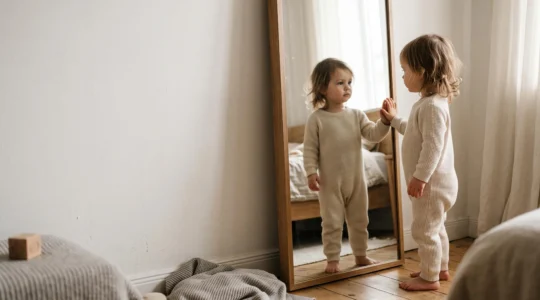 Jeune enfant regardant attentivement son reflet dans un miroir, symbole de l'éveil de la conscience de soi