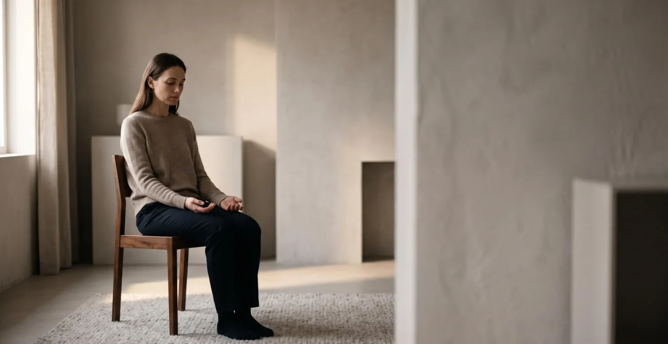 Personne assise immobile dans une pièce baignée de lumière douce, exprimant un épuisement mental profond malgré l'absence d'activité physique