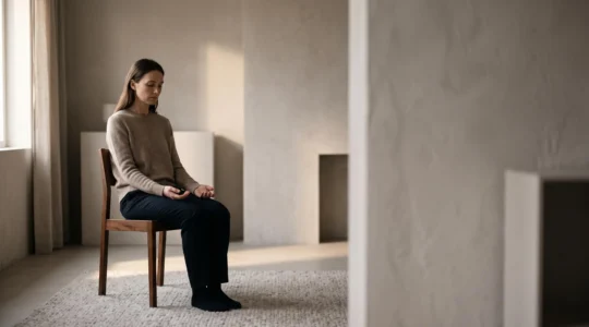 Personne assise immobile dans une pièce baignée de lumière douce, exprimant un épuisement mental profond malgré l'absence d'activité physique