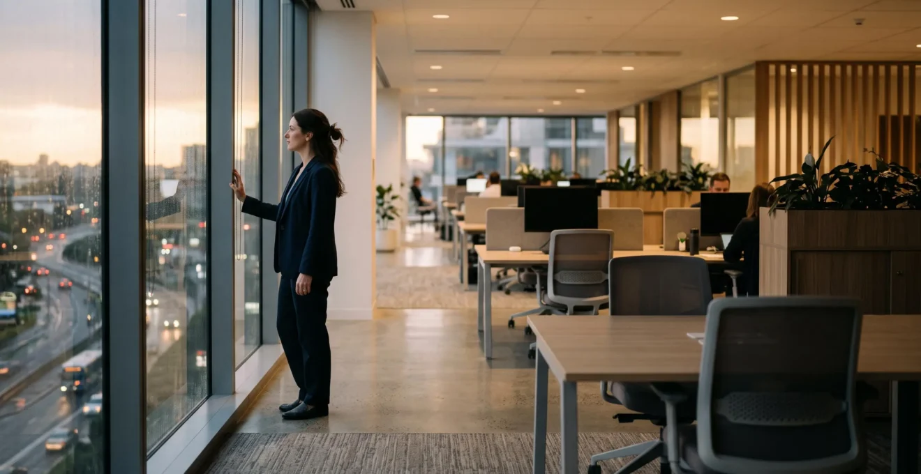 Employe seul dans un bureau baigne de lumiere douce, symbolisant le poids silencieux des risques psychosociaux en entreprise