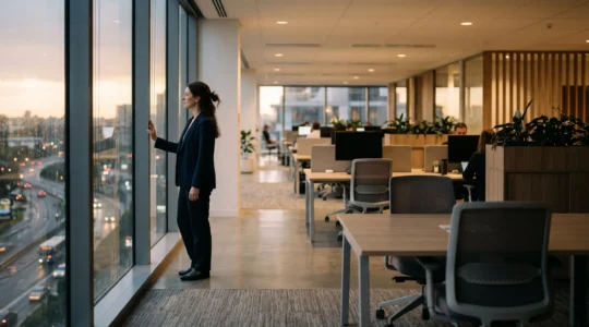 Employe seul dans un bureau baigne de lumiere douce, symbolisant le poids silencieux des risques psychosociaux en entreprise