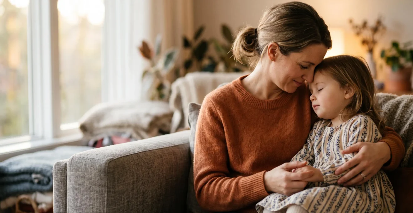 Parent et jeune enfant partageant un moment de connexion silencieuse et chaleureuse, symbole de sécurité affective
