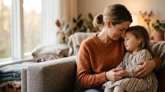 Parent et jeune enfant partageant un moment de connexion silencieuse et chaleureuse, symbole de sécurité affective