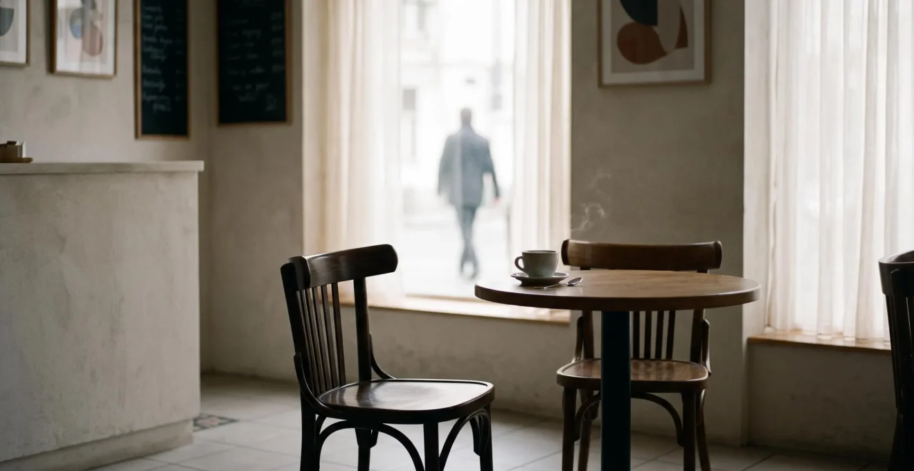 Une chaise vide face à une tasse de café intacte, symbolisant un rendez-vous manqué et l'inconscient qui s'exprime par l'oubli