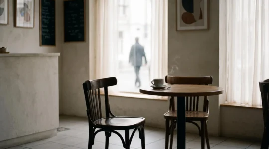 Une chaise vide face à une tasse de café intacte, symbolisant un rendez-vous manqué et l'inconscient qui s'exprime par l'oubli