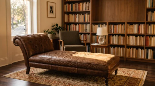 Cabinet feutré de psychanalyste avec un divan vide baigné de lumière douce, symbolisant l'écoute et l'introspection