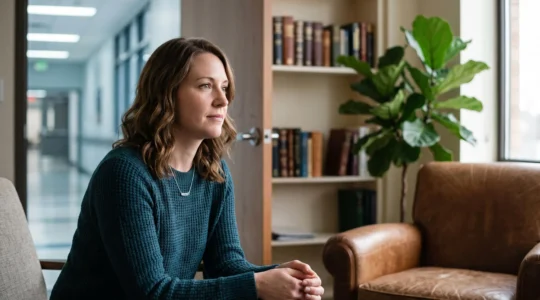 Un psychologue clinicien assis dans un bureau lumineux, symbolisant la transition entre la pratique hospitaliere et liberale