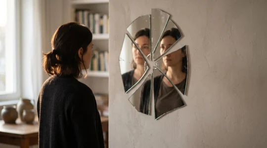 Silhouette pensive face a un miroir fragmente, symbole des schemas de pensee automatiques qui influencent les relations et l'estime de soi